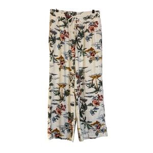 Women’s Cream Floral Time & Tru Linen Blend Wide Leg Pants Size M 8–10